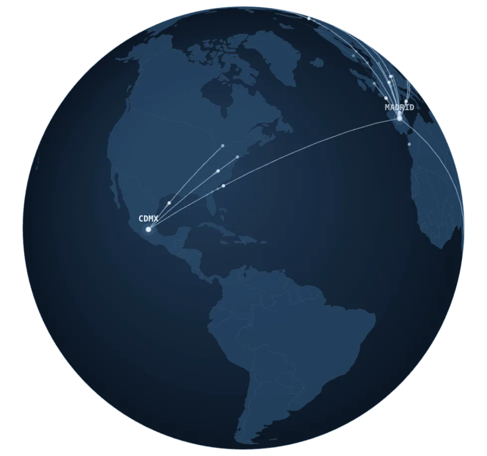 Globo terráqueo con hubs en Ciudad de México y Madrid y rutas financieras internacionales